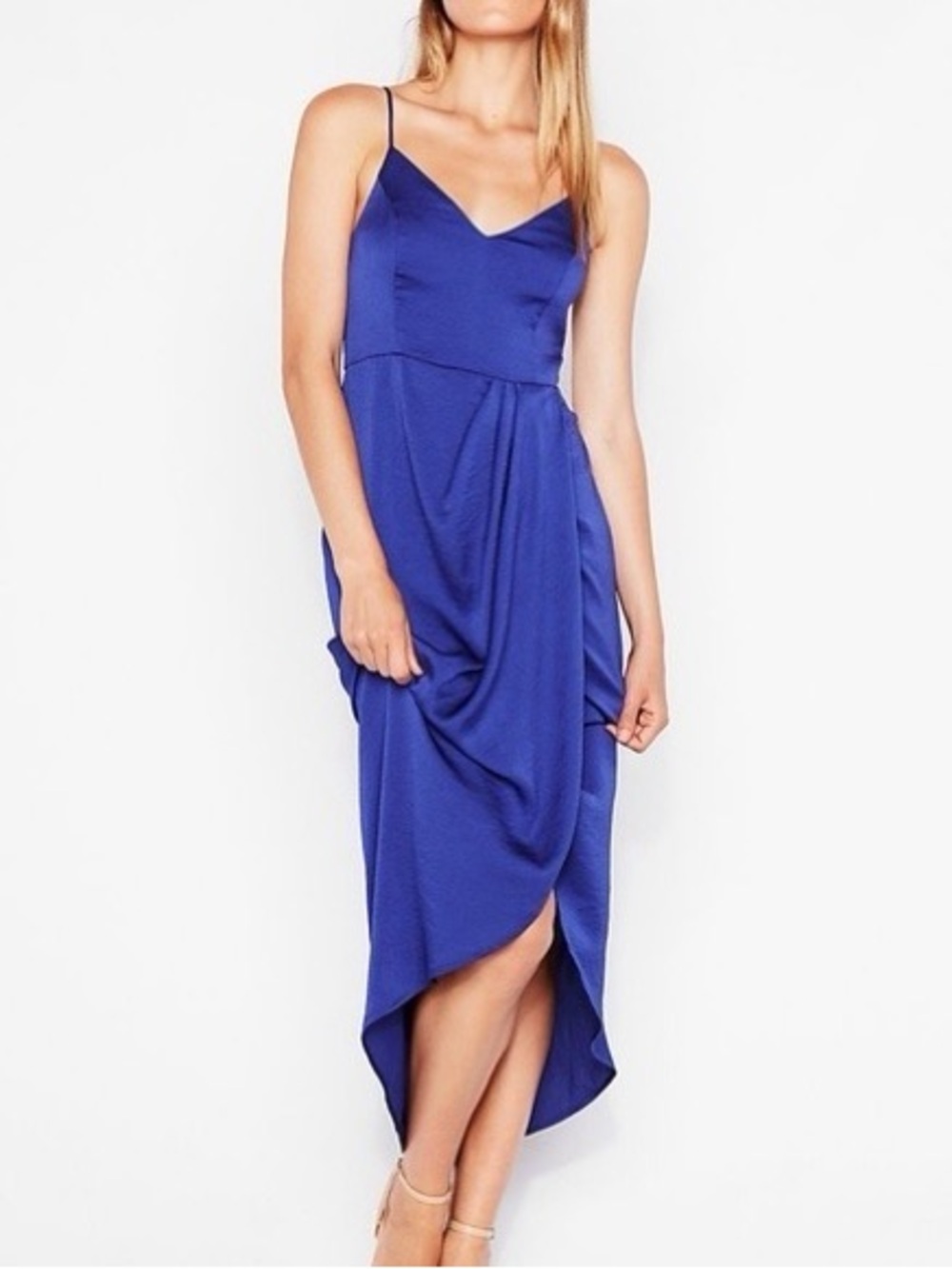 Express Royal Blue Satin Asymemetric Faux Wrap Draped Midi Dress